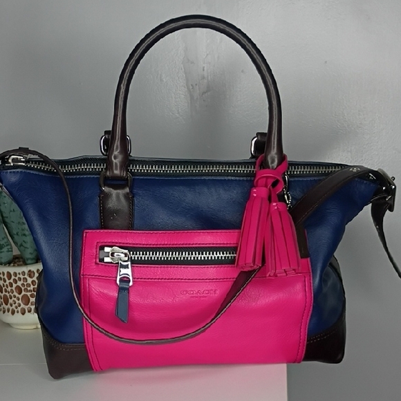 Coach Handbags - Coach Molly Purse Two-Tone Leather Satchel Bag — Navy Blue & Hot Pink 21134
